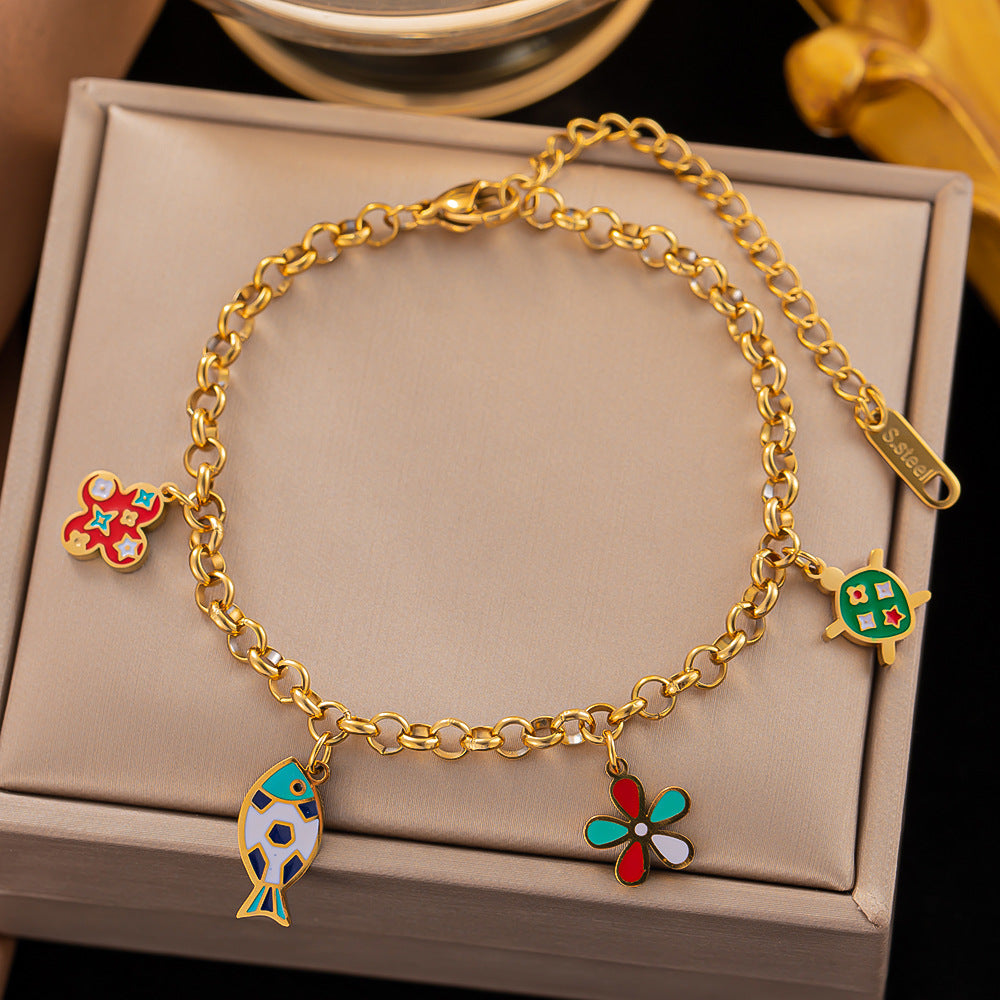Color al por mayor Drip Oil Flower Heart Heart Titanium Bracelet de acero